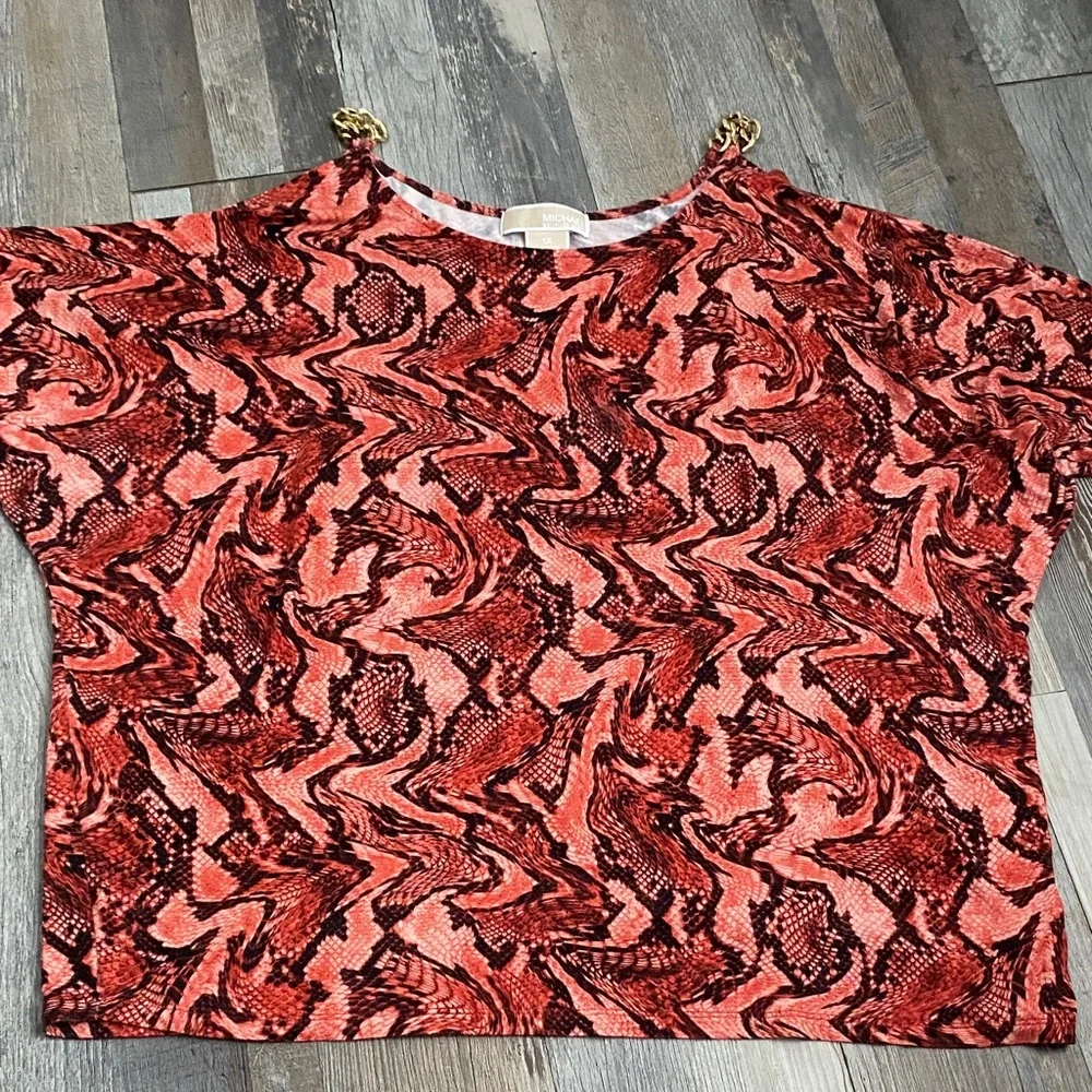 Michael Kors Red and Black Swirl Blouse with Gold Chains 3/4 sleeves